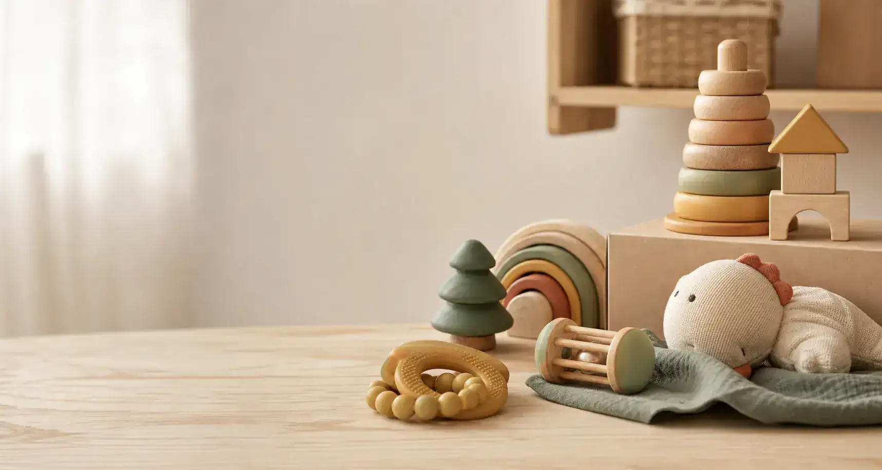 Natural light product study of baby toys for a wholesale catalog